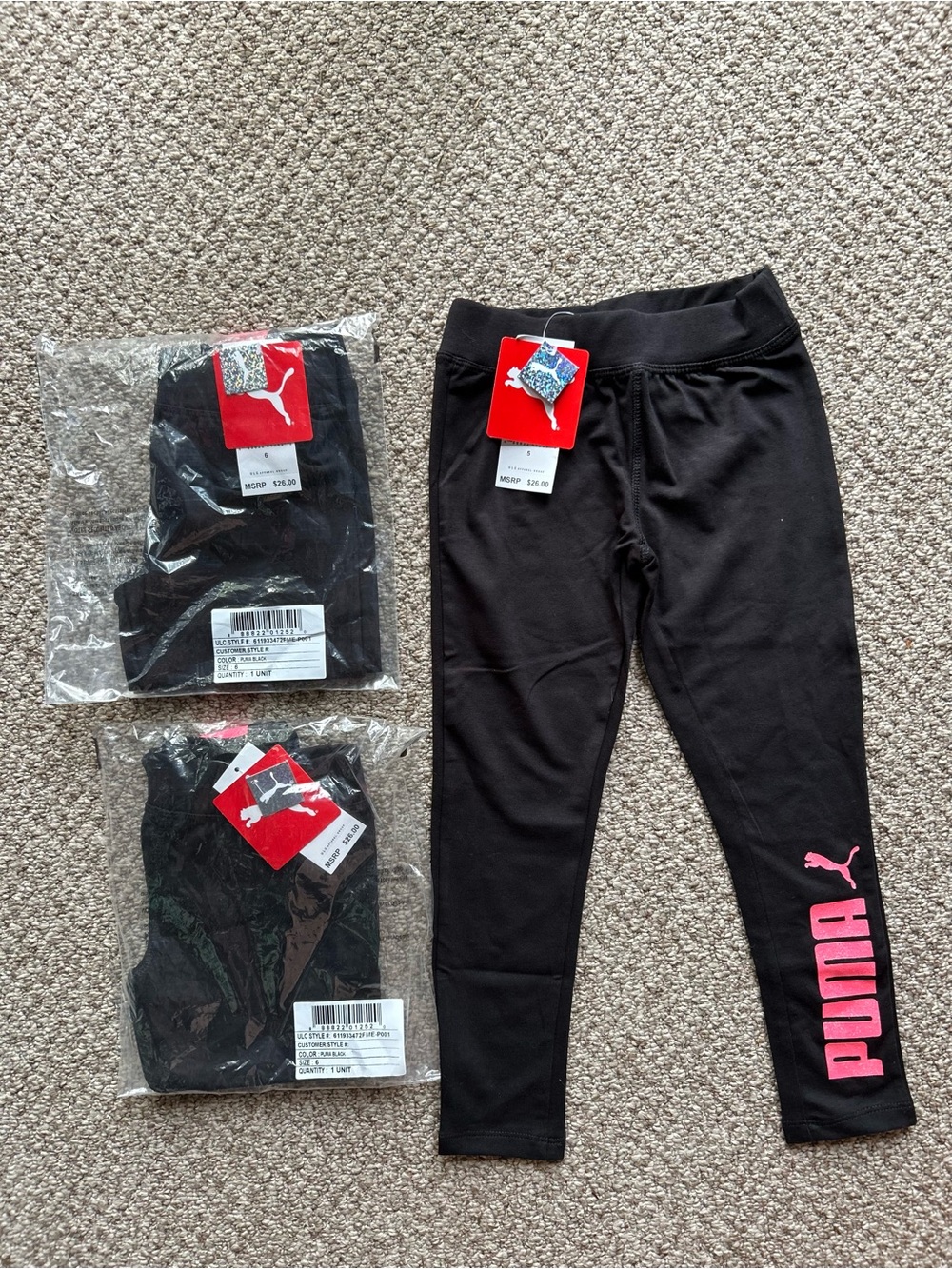 Puma NWT Kids Black Leggings set of 3 size 5 & size 6